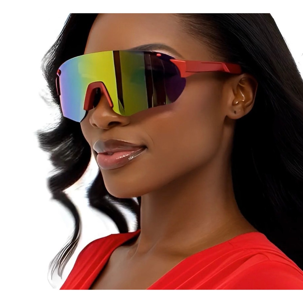 Women Red Sport‎ Shield Sunglasses Iridescent Mirrored Lens Cyberpunk Wraparound